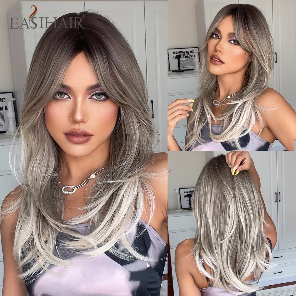 EASIHAIR Ombre Brown Blonde Layered Synthetic Wigs with Bang Long Straight Gr - £12.18 GBP+