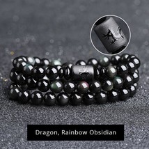 Natural Rainbow Obsidian Beaded Bracelet For Couples Dragon And OM Mantra Engrav - £19.42 GBP