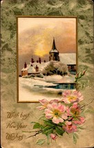 Vintage Embossed POSTCARD-&quot;WITH Best New Year Wishes&quot; Winter Church Scene BK43 - £2.37 GBP