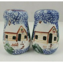 Blue Sponge Ware Hand Painted Winter Holiday Scene Salt and Pepper Shakers - £7.72 GBP