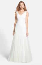 Monique Lhuillier Bridesmaids V-Neck Shirred Tulle Trumpet Dress Sz 2 Ivory - £93.60 GBP