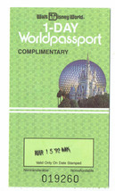 1992 Walt Disney World 1 Day Worldpassport used admission Ticket Stub - $43.24