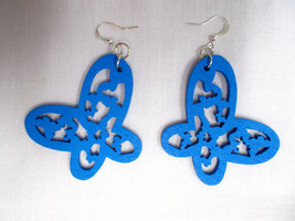 Med Blue Cut Out Open Wing Butterfly Silhouette Wooden Dangling Insect Earrings - £4.80 GBP