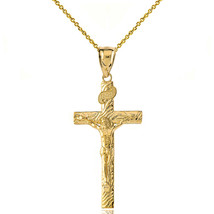 10K Solid Gold INRI Jesus of Nazareth Crucifix Wooden Texture Pendant Necklace - £160.32 GBP+