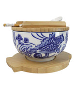 White Blue Koi Fish 28Oz Donburi Ramen Bowl With Lid Trivet Spoon Chopst... - $54.69 CAD