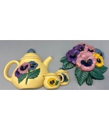 Vtg Homco Yellow Floral Teapot &amp; Pansy Bouquet Wall Plaques - $17.32