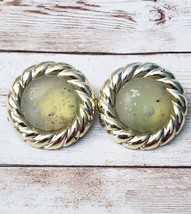Vintage Clip On Earrings 1 &amp; 5/8&quot; Speckled Green &amp; Gold Tone Large Statement - £12.04 GBP