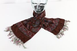 Vintage 40s 50s Rockabilly Paisley Silk Fringed Tassel Scarf Wrap Brown USA - $59.35