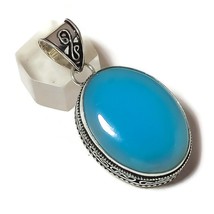 Blue Chalcedony Oval Gemstone 925 Silver Overlay Handmade Vintage Design Pendant - £13.40 GBP