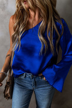 Dark Blue Asymmetric One Shoulder Bell Sleeve Satin Blouse - £12.44 GBP