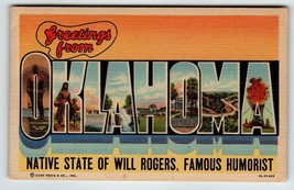 Greetings From Oklahoma Postcard Large Letter Curt Teich State Of Will Rogers - £5.49 GBP