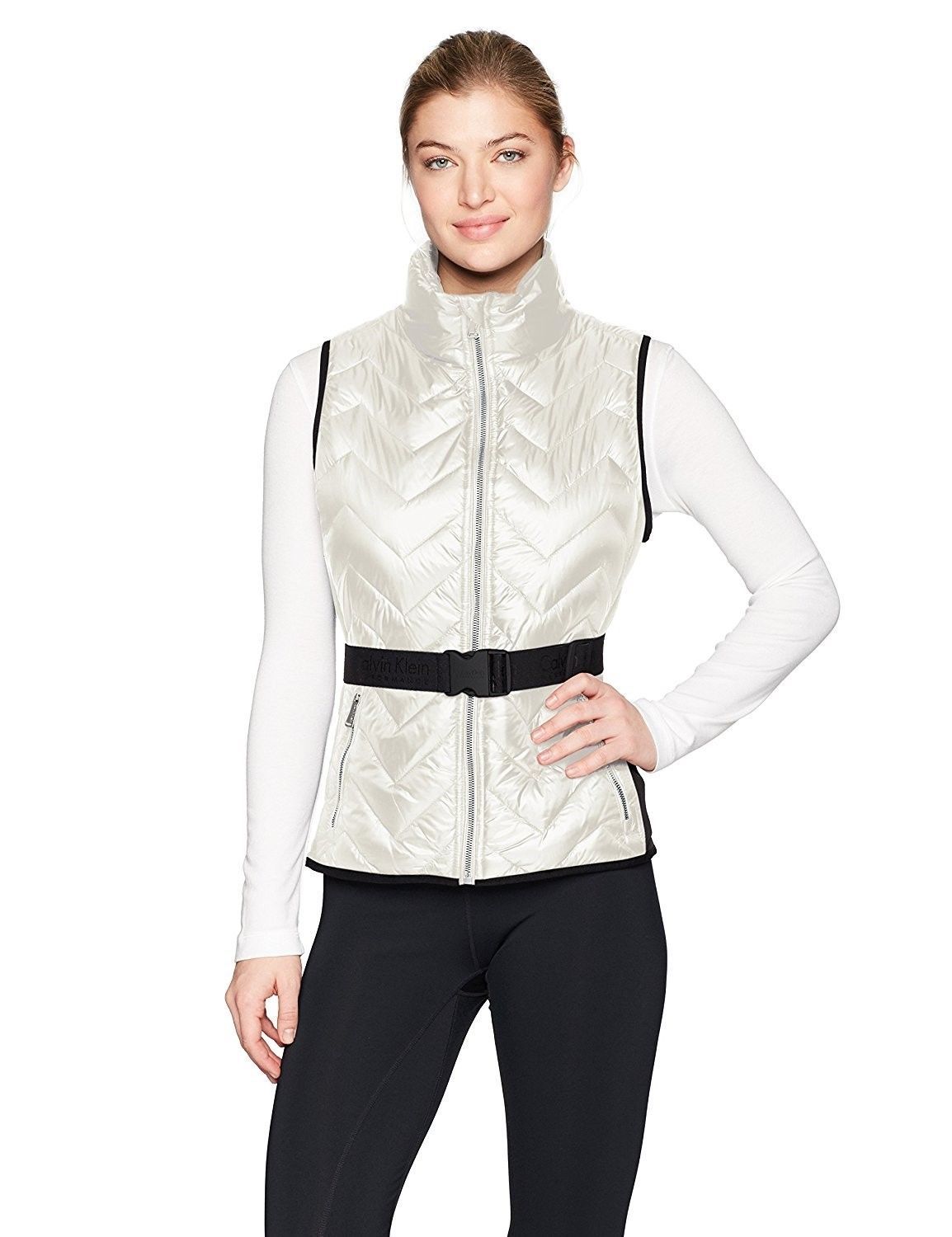 Calvin Klein Performance Womens Belted Quilted Vest Cloud White XS $99 - NWT - £39.89 GBP