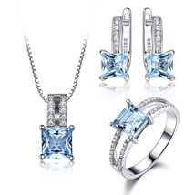 925 Sterling Silver Jewelry Set Nano Aquamarine Sky Blue Topaz Ring Pendant Stud - $68.59