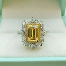 3 ct Emerald Cut Yellow Citrine Halo Vintage Engagement Ring 14k White Gold Over - £92.57 GBP
