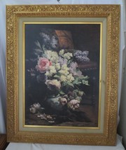 Vtg Peonies and Lilacs signed oil painting  gold gilt floral frame large 32 x 40 - £589.97 GBP