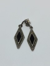 Vintage Sterling Silver 925 CW Black Onyx Marcasite Dangle Earrings - £23.58 GBP