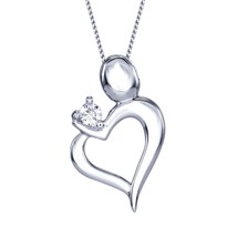 14K White Plated 0.05CT Moissanite Diamond Heart Of Gold Mom &amp; Child Pendant - £43.24 GBP