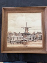 Antique Delft Dutch Encadré Tuiles Tableau Avec Typique Scène Moulin A Vent - $149.00