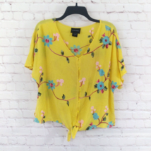 Liv Los Angeles Blouse Womens Large Yellow Embroidered Button Up V Neck Tie Boho - £15.97 GBP