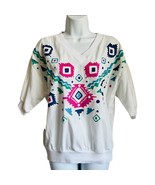 80s Puff Paint Southwest Tee Shirt Short Sleeve Top White Pink Green Pur... - $19.24