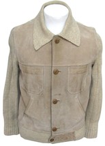 VTG Torras Spain Wool Suede Leather Jacket Beige Tan 36-38 Men Elbow Patches - £108.12 GBP