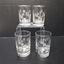 4 Etched Glasses Geometric Square Double Shot Small Juice Vintage Glass Set - $12.87