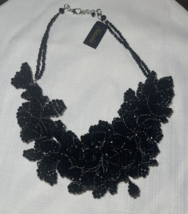 Natasha Black Beaded Shiny Floral Hand Crafted Bib Statement Collar Necklace New - £104.04 GBP