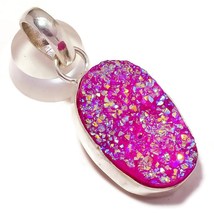 Shinning Pink Titanium Druzy Oval Gemstone 925 Silver Overlay Handmade Pendant - £7.95 GBP
