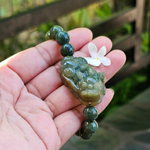 Burmese Carved Pi-xiu Jade Bracelet Light &amp; Dark Green Lingzhi Mushroom Pattern - $90.00