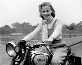 Honor Blackman smiles as she sits on Norton motorbike circa 1950&#39;s 24x30 poster - £23.73 GBP