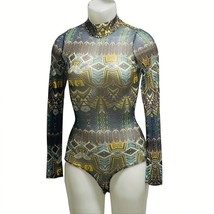 MMC BodySuit Top Semi-Sheer Mesh Long Sleeve Multi Aztec Print Women&#39;s SZ M NEW - £10.75 GBP