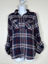 Polly Esther Womens Size M Navy/Red Plaid Pocket Button Up Shirt Long Sleeve - £5.24 GBP