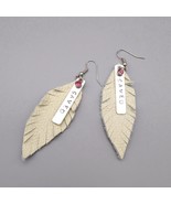White Leather Feather Earrings with Eloxal Stamped Word SAVED and Pink C... - £45.74 GBP