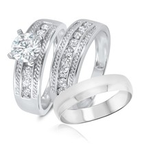 14K Solid White Gold FN His &amp; Her Engagement Bridal Wedding Band Trio Ring Set - £126.64 GBP