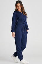 Navy Blue Ribbed Knit Cropped Hoodie and Drawstring Joggers Set - $728.07 MXN
