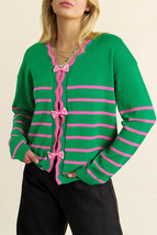 Green Stripe Ribbon Cute Bow Detail Sweater Knit Cardigan - $37.72