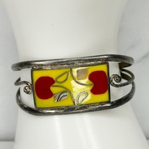 Vintage Alpaca Mexico Silver Tone Abalone Shell and Cherry Inlay Cuff Bracelet - £19.32 GBP