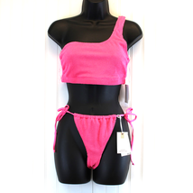 NEW Good American Always Fits Bikini Set One Shoulder Top Tiny Ties Bottom Pink  - £43.13 GBP