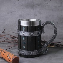 Viking Rune Beer Mug Stainless Steel Tankard Resin Texture Coffee Cup Nordic Gif - £34.43 GBP