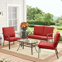 Outdoor Patio Conversation Set 4-Piece Red Garden Lounger Loveseat Chairs Table - £275.64 GBP