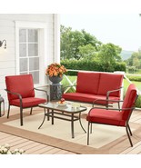 Outdoor Patio Conversation Set 4-Piece Red Garden Lounger Loveseat Chair... - £273.62 GBP