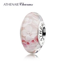 Genuine Murano Glass 925 Silver Pink Flowers Charm Bead Fit All European Charms  - £29.61 GBP