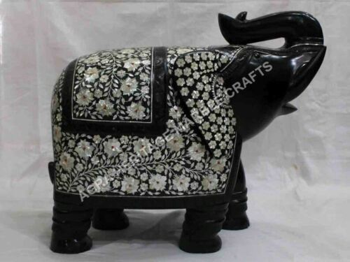 Primary image for 16" Black Marble Elephant Statue Mother of Pearl Inlay Precious Stone Gift E1325