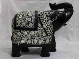 16&quot; Black Marble Elephant Statue Mother of Pearl Inlay Precious Stone Gi... - £2,356.41 GBP