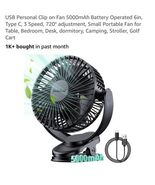 USB Clip-On Fan 6 5000mAh Battery 3 Speed 720° Rotate Table Desk Camping - $16.51 CAD
