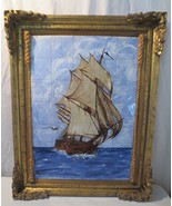 Hand painted Tile Ship Mural gold Gilt Frame Sisal Rope signed - Nautica... - $400.00