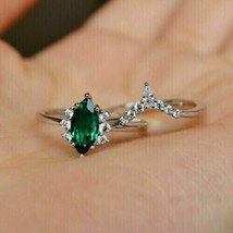 14K White Gold Pated 2 Ct Marquise Simulated Green Emerald Solitaire Bridal Set - £83.08 GBP