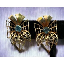 Prestige Earrings Blue Rhinestone Gold Tone Bow Screw Back Ornate Vintage - £17.19 GBP