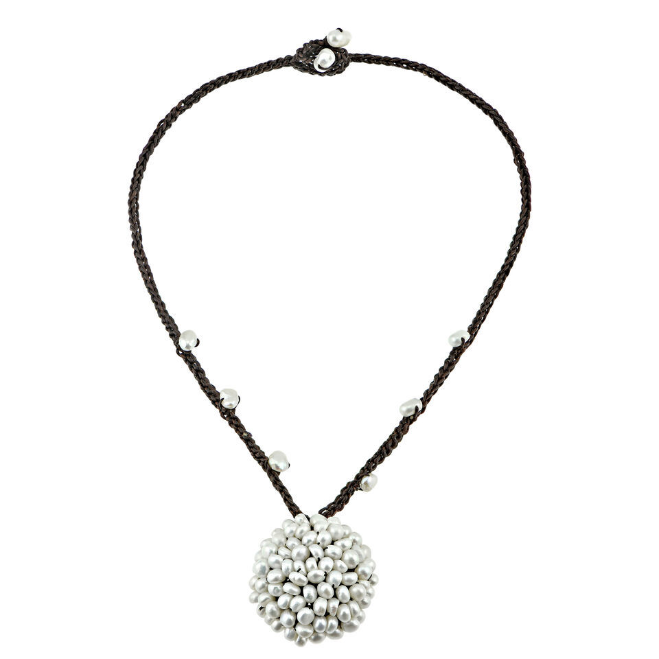 Handcrafted Freshwater White Pearl Cluster on Cotton Rope Necklace - $14.09