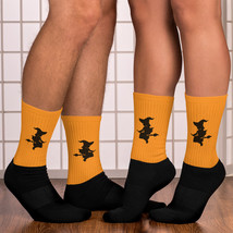 Black Silhouette Witches Cartoon Character Pumpkin Orange Foot Sublimated Socks - £10.36 GBP